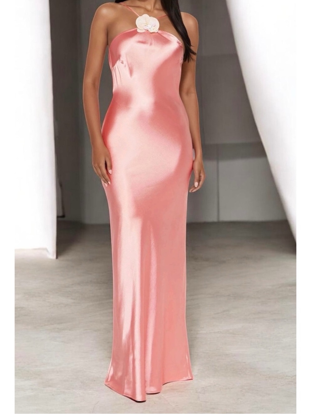 Coral Backless Satin Maxi Dress – Y-Neck, Floral Detail, Cowl Back (Size XL)
